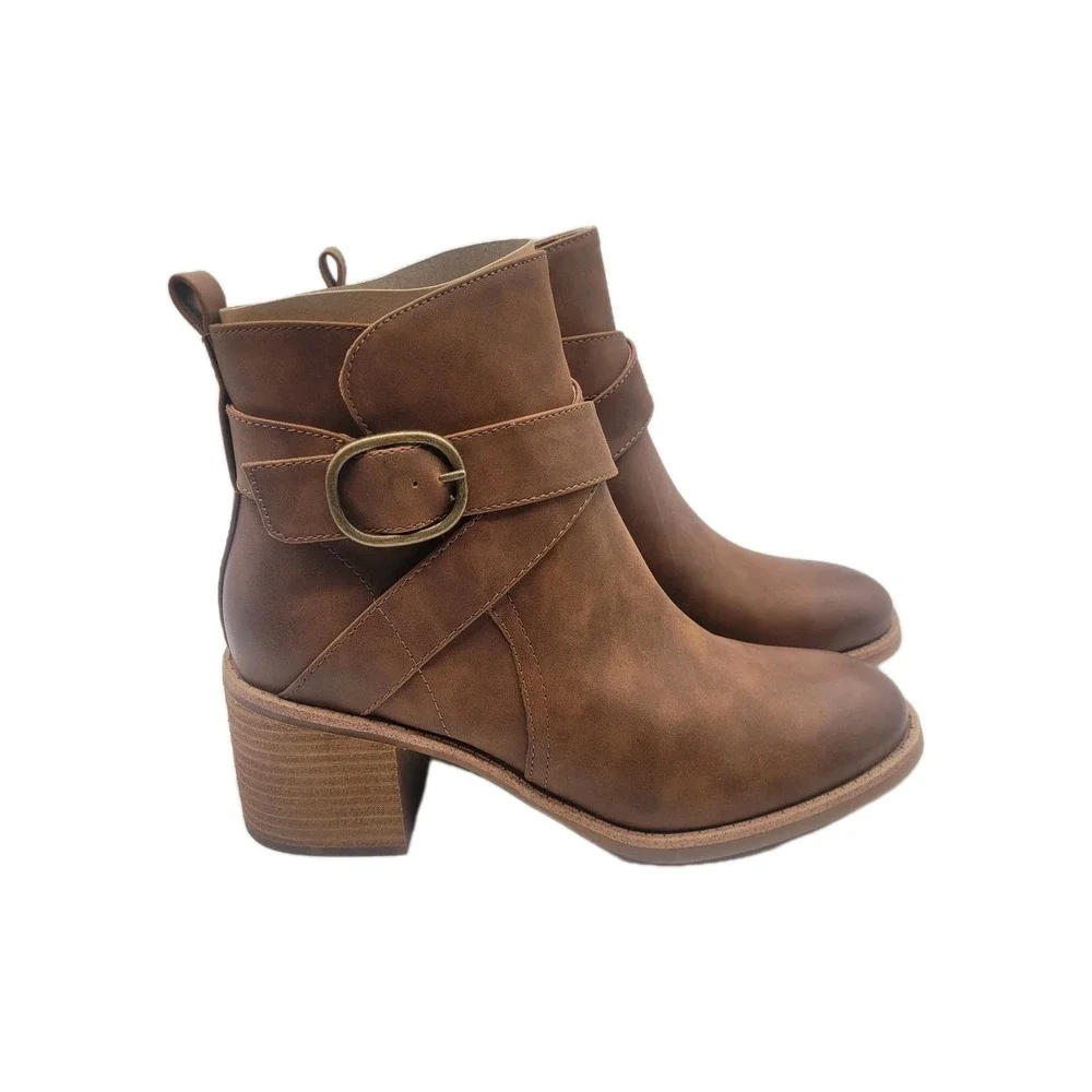 BOC Born Bonny Ankle Booties Brown Leather‎ Block Heels Womens Size US 9